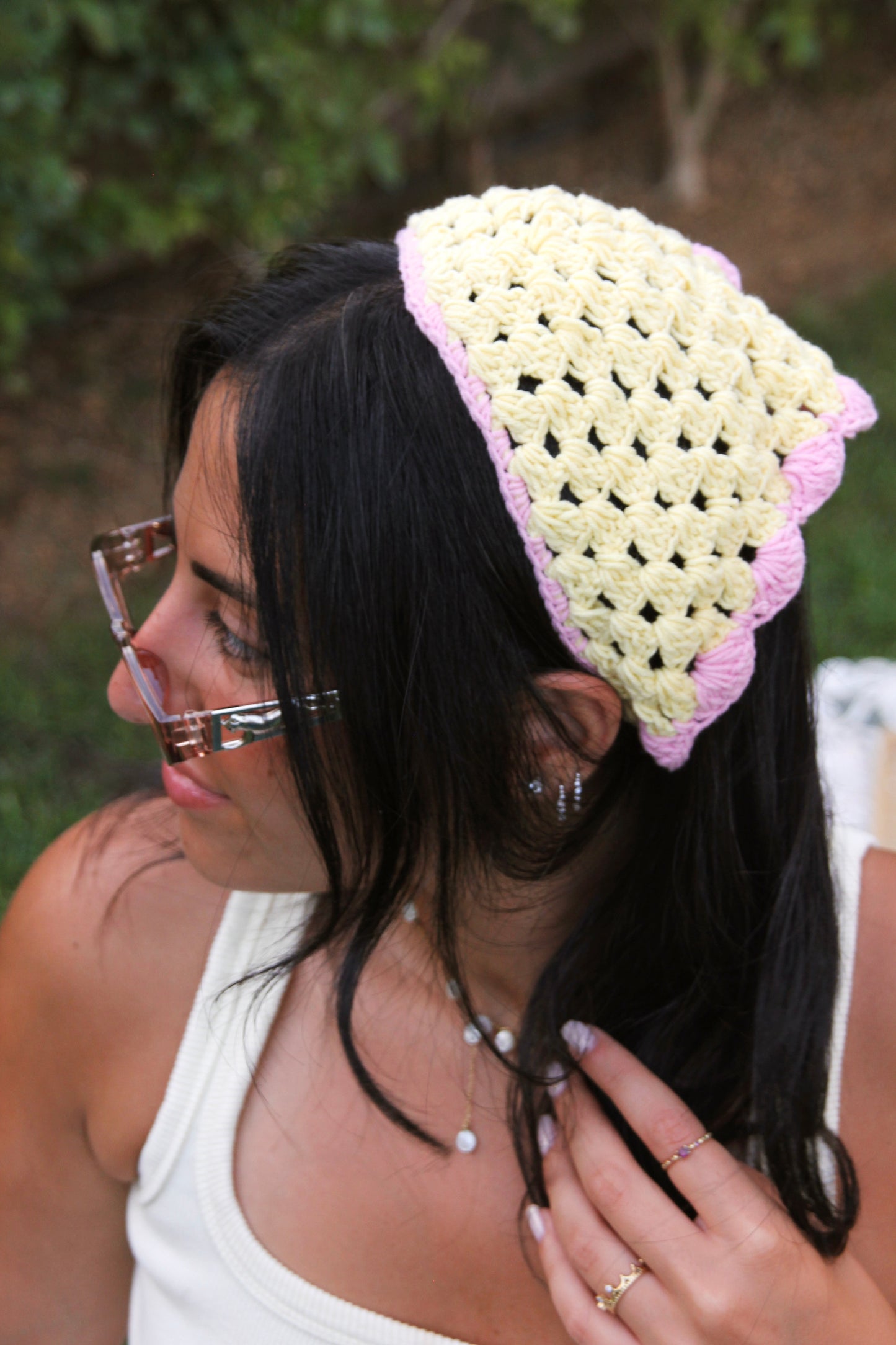Butter yellow & Pink Crochet Bandana