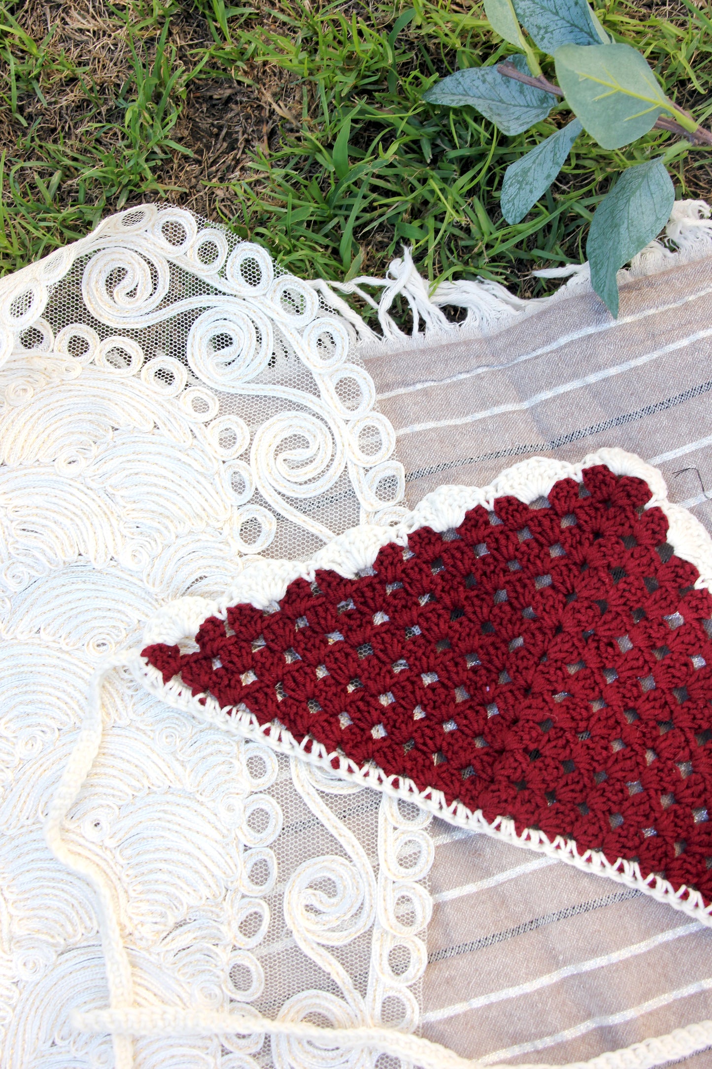 Burgundy & Off white Crochet Bandana