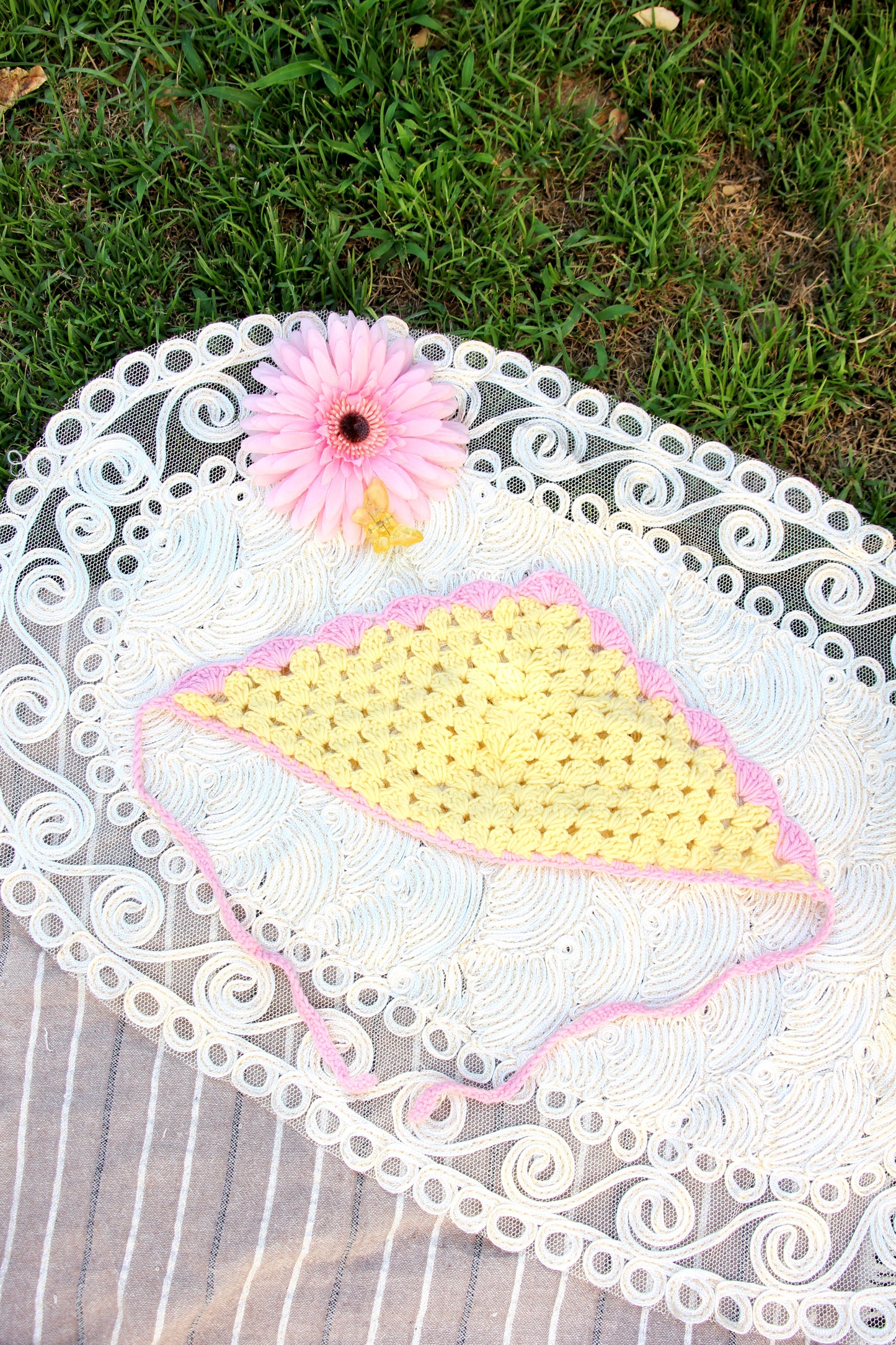 Butter yellow & Pink Crochet Bandana